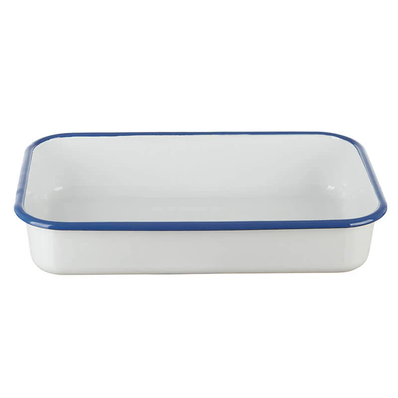 casserole dish - white with blue rim