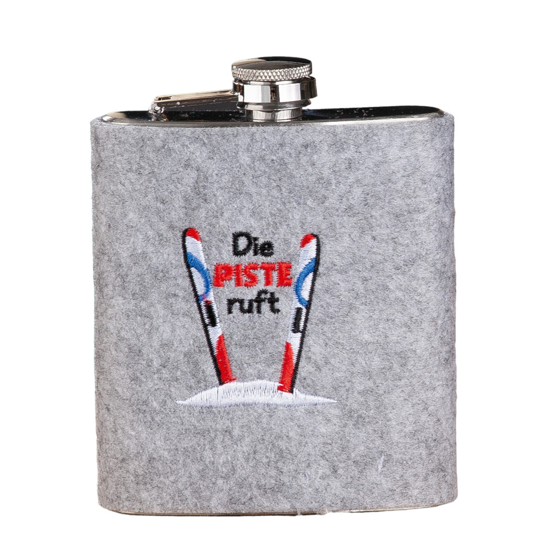 stainless steel/ felt hip flask 'The slopes are calling'