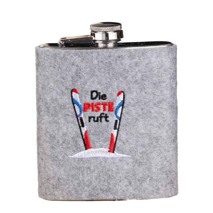 stainless steel/ felt hip flask 'The slopes are calling'