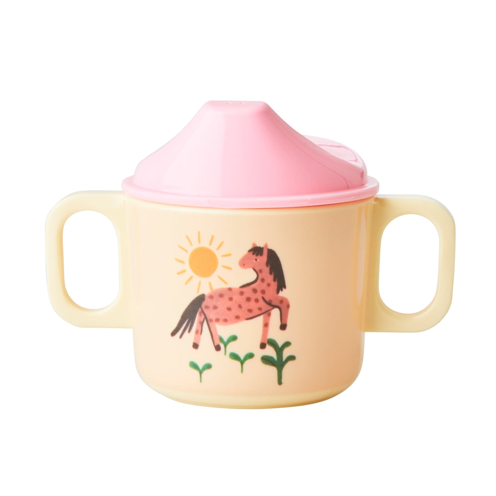 Melamine baby cup with 2 handles and soft pink farm print