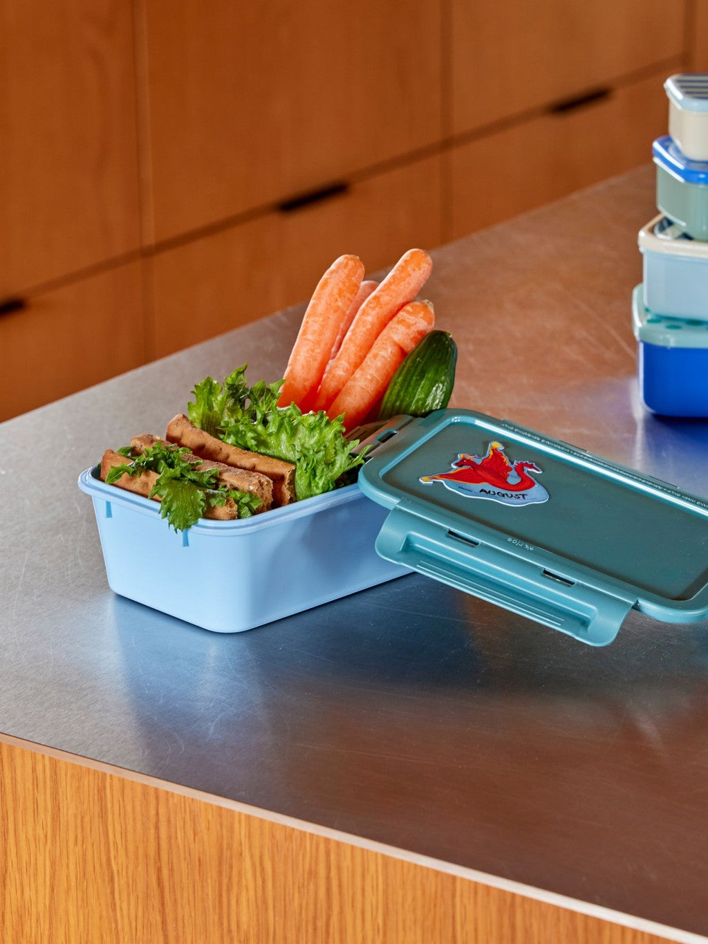 Lunchbox mit 3 Einsätzen in Grün und Hellblau