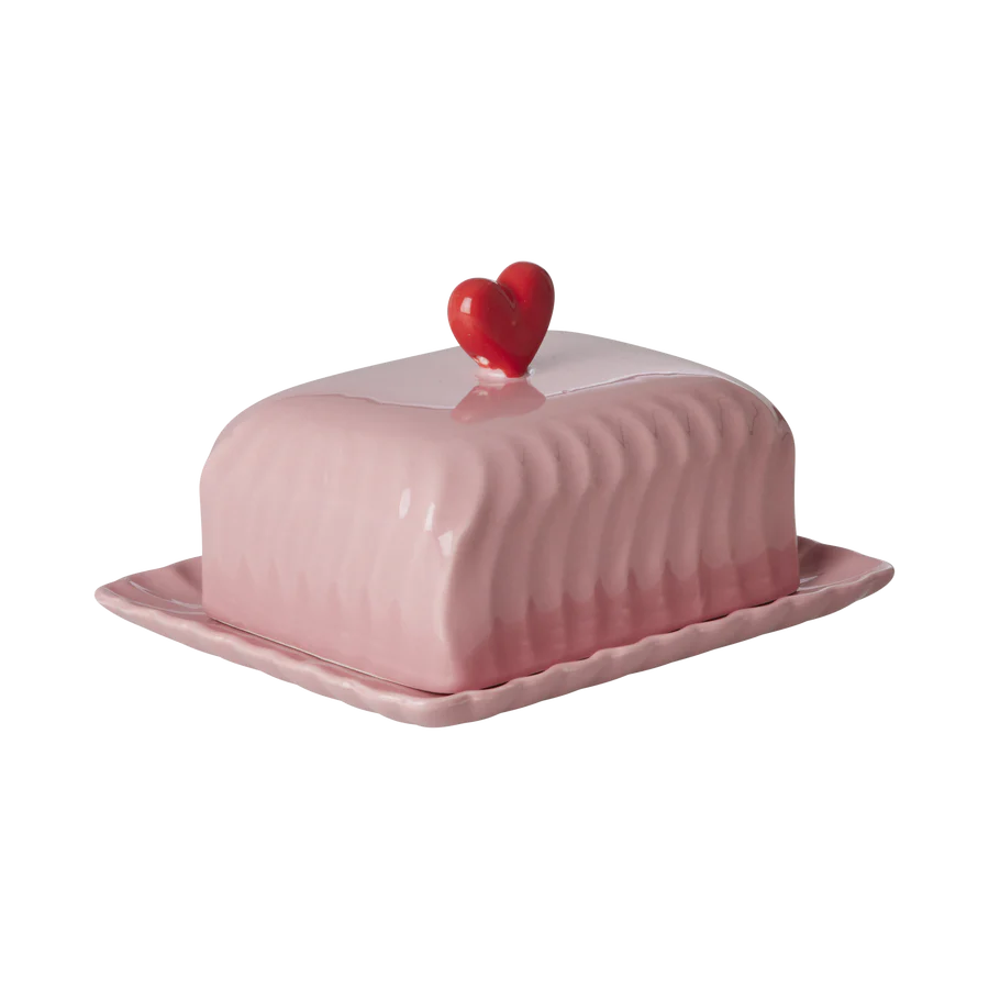 Keramik-Butterdose mit rotem Herz- Rosa