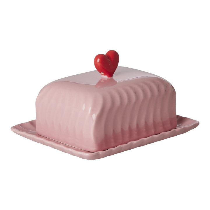 Keramik-Butterdose mit rotem Herz- Rosa