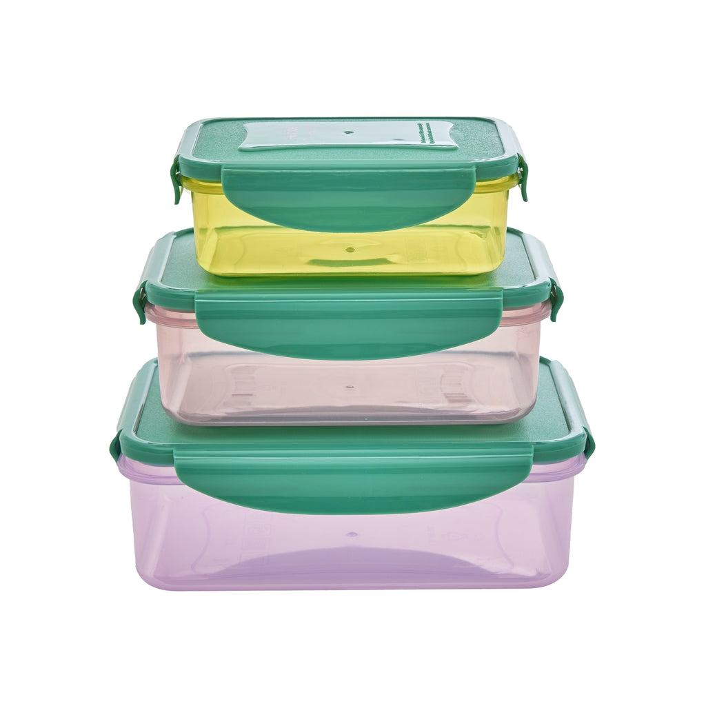 Rectangular plastic food boxes in different colors with green lid – 3 pieces