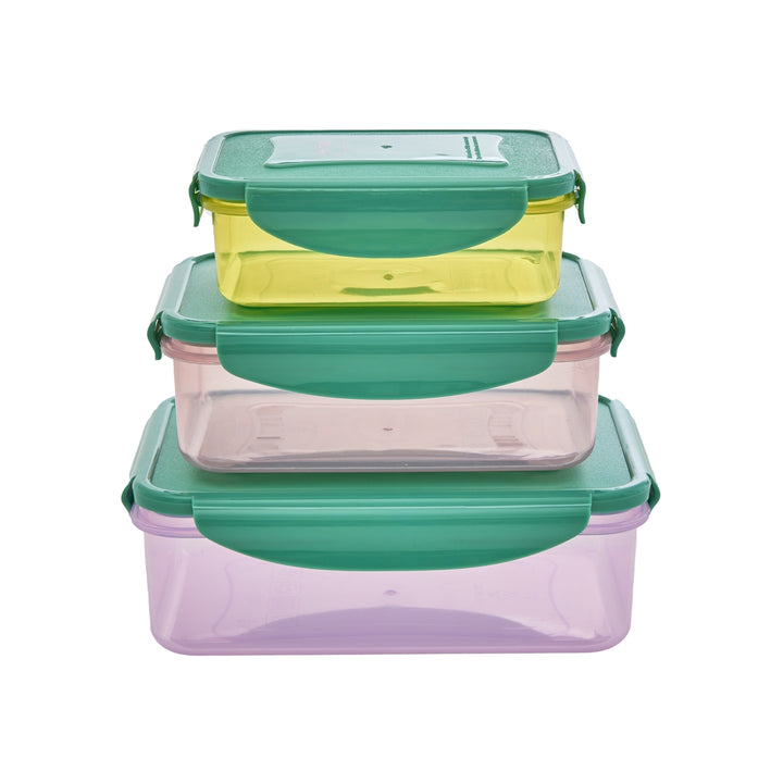 Rectangular plastic food boxes in different colors with green lid – 3 pieces