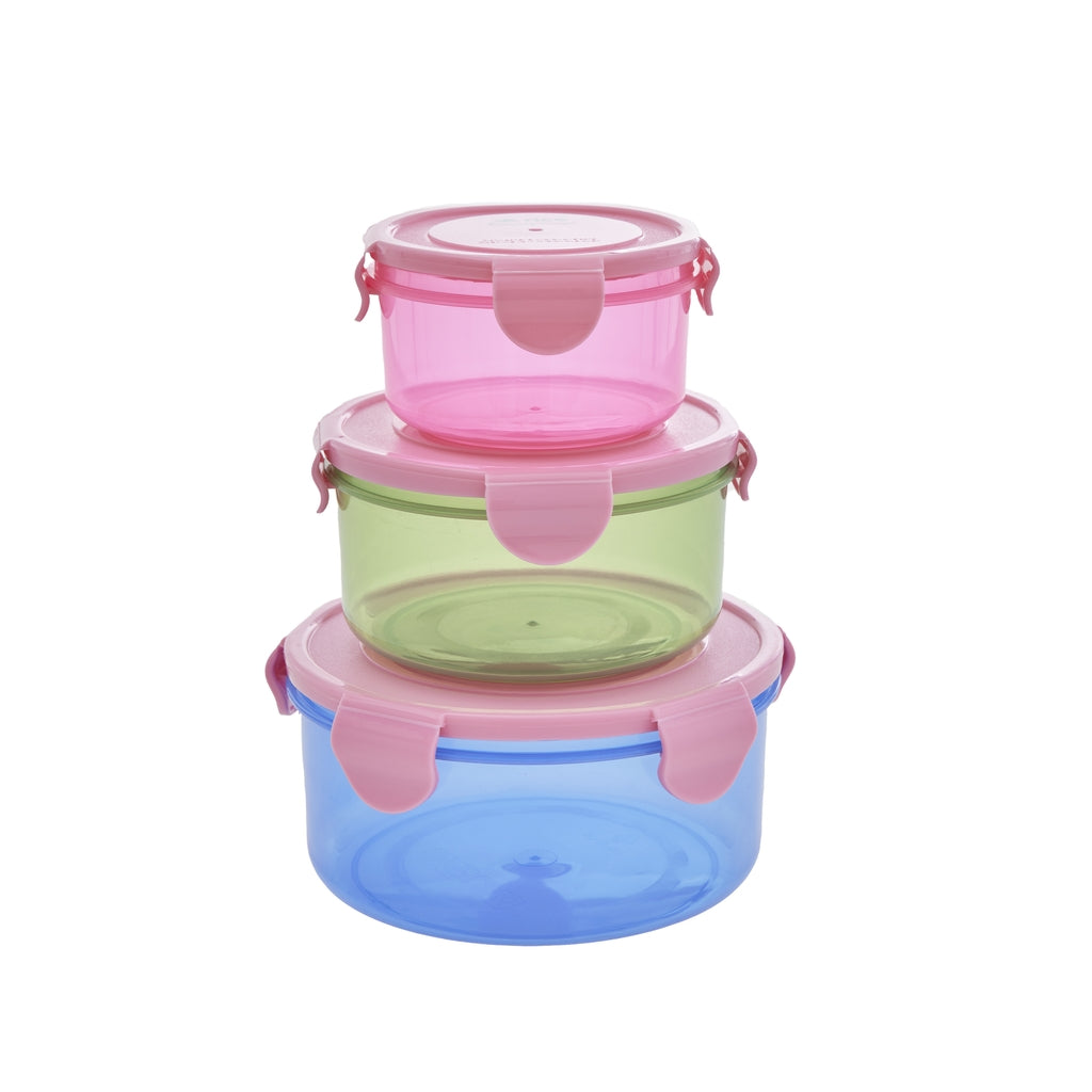 Round plastic food boxes in different colors with pink lid – 3 pieces