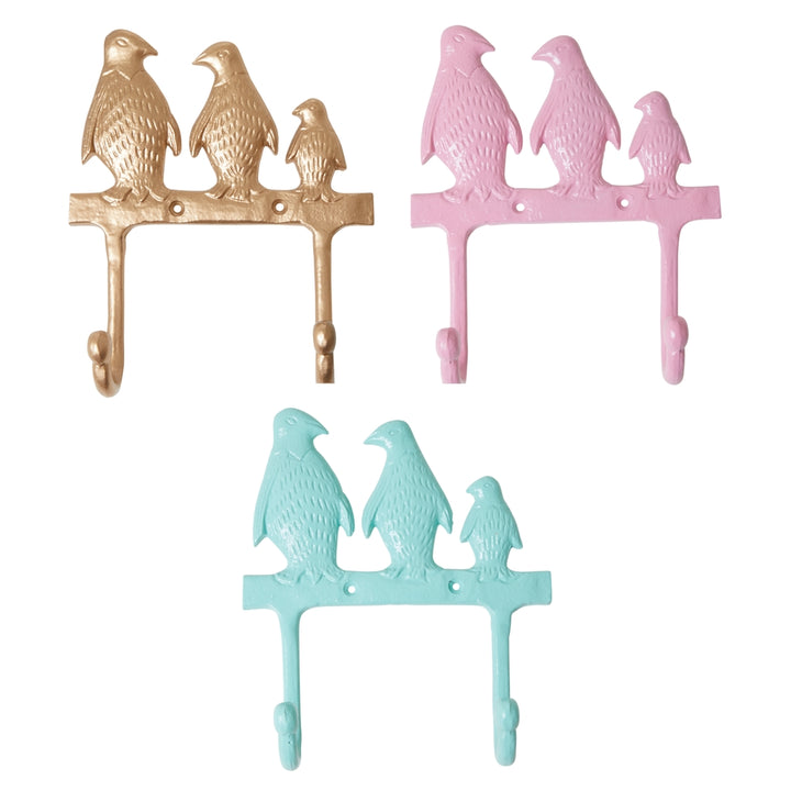Metal hook in the shape of a penguin family – 3 different colors – mint, pink and gold
