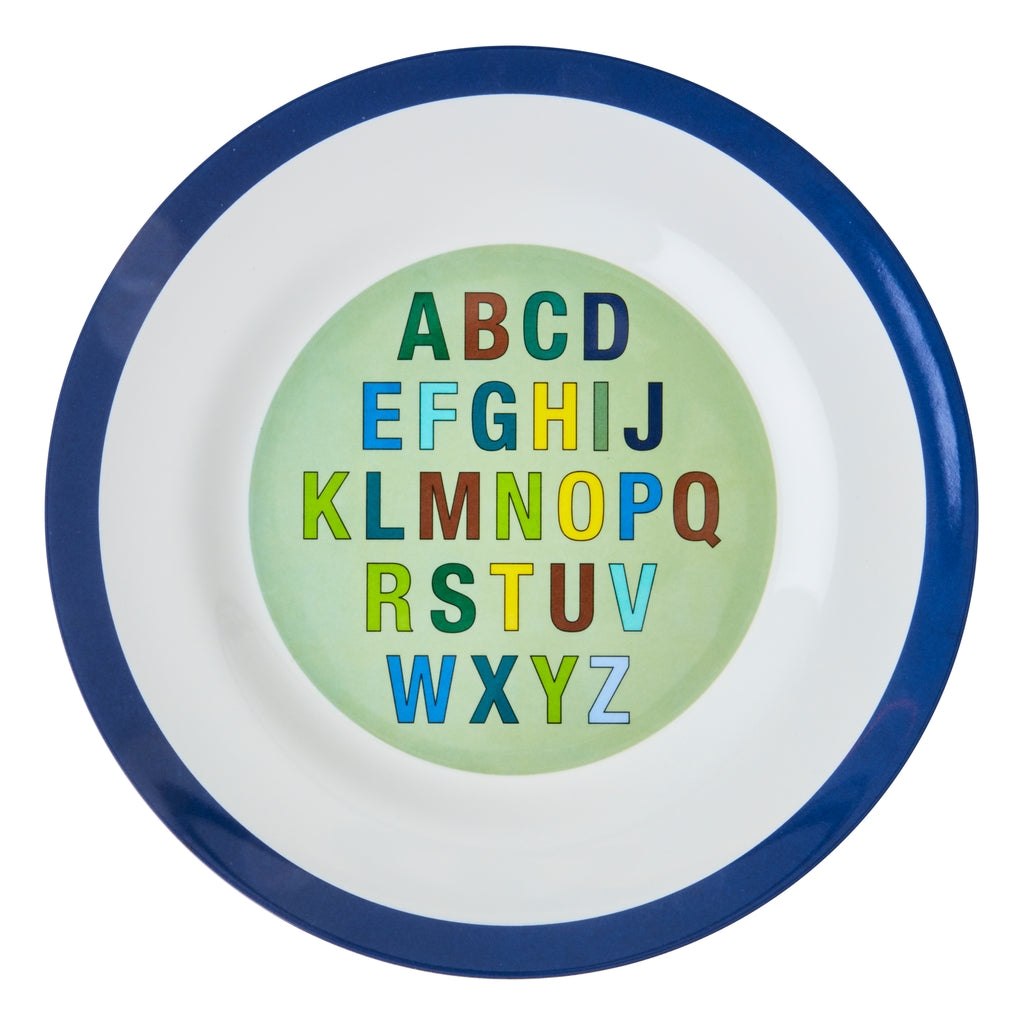 Melamine dinner plate with dark blue alphabet print