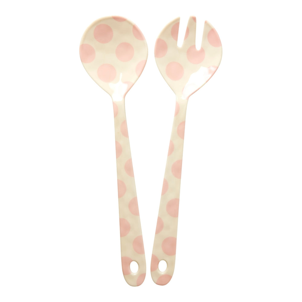 Melamin-Salatlöffel und -gabel mit rosa Punkten-Print