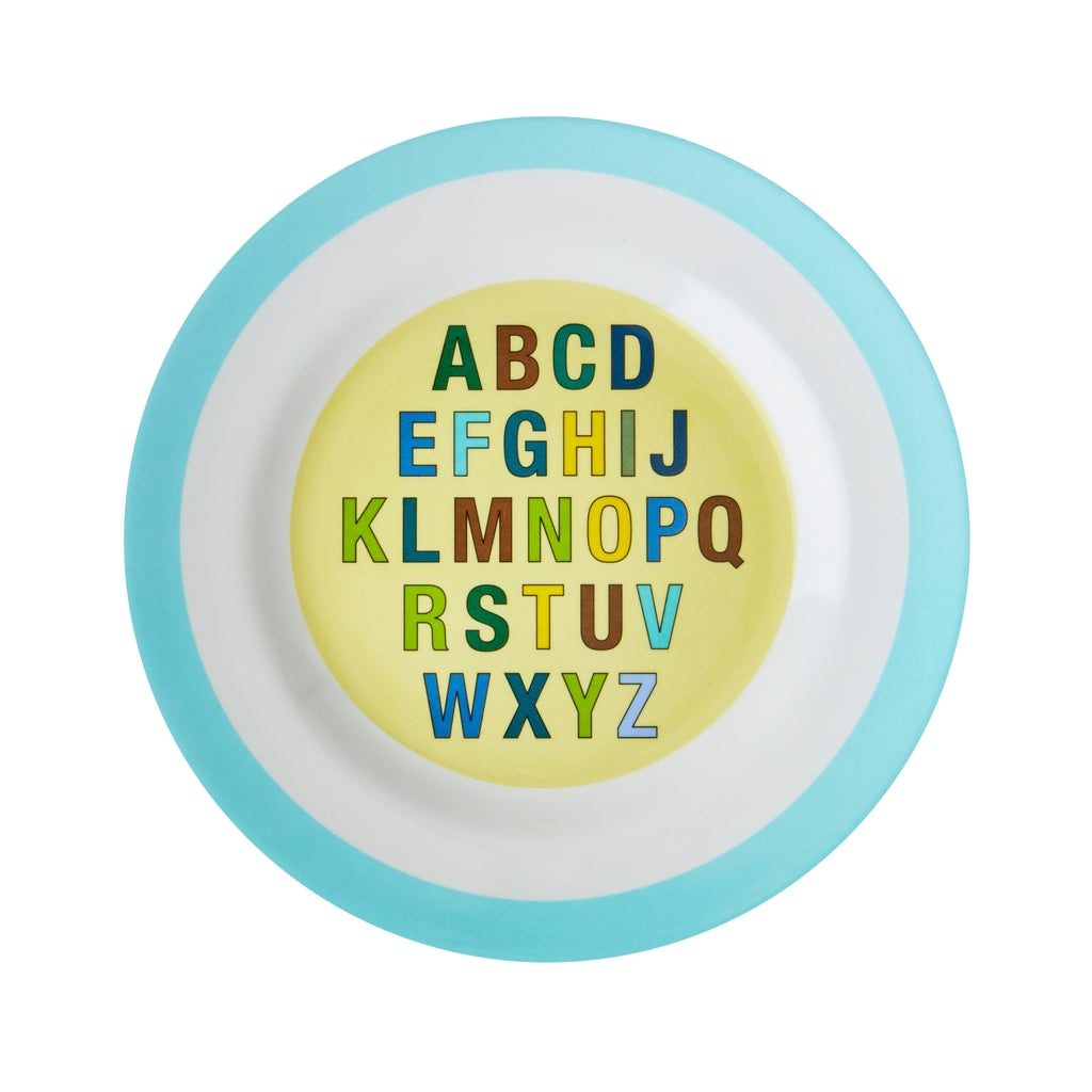 Melamine side plate with blue alphabet print
