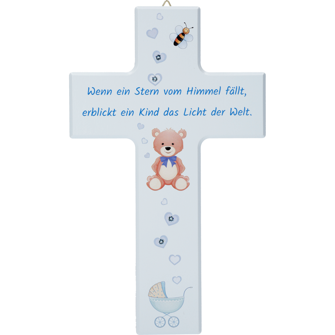 Kinderkreuz blau m. Swarovski Steinchen