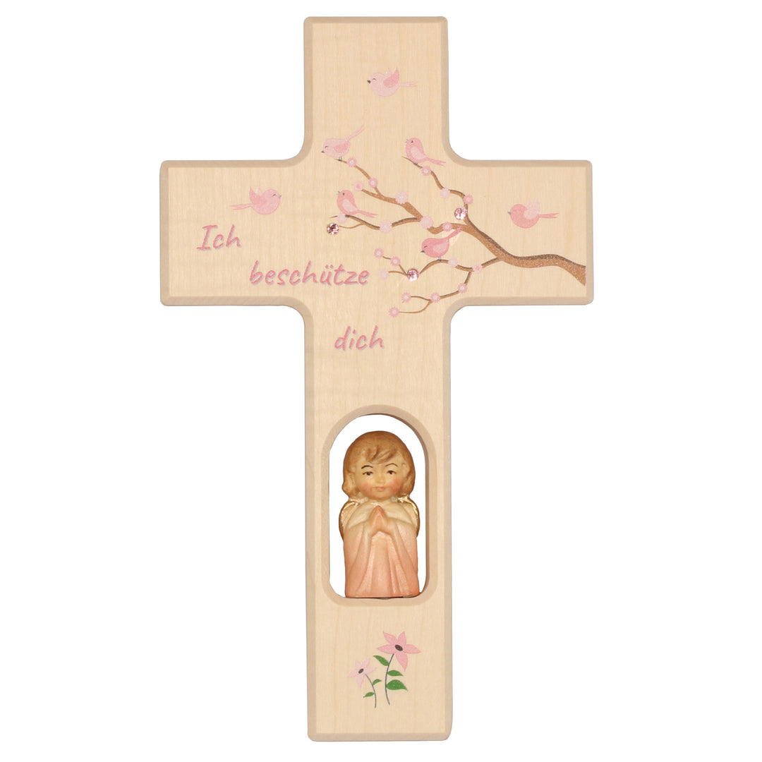 Kinderkreuz mit Holzengel und mit Strasssteinen besetzt rosa