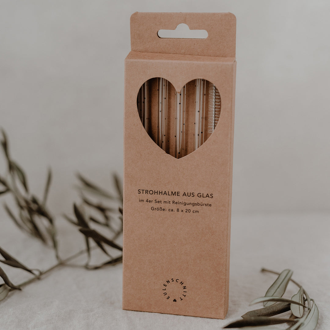 Strohhalme 4er Set aus Glas mit Reinigungsbürste - Punkte schwarz