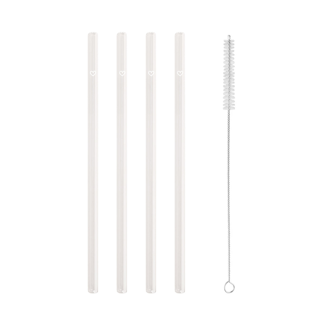Set of 4 glass straws with cleaning brush - black dots
