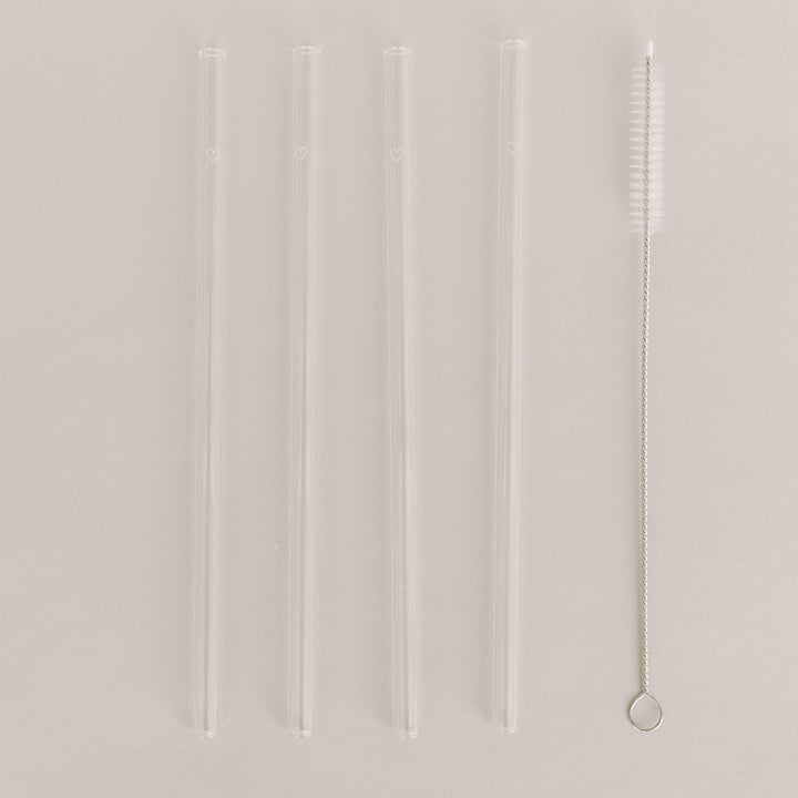 Set of 4 glass straws with cleaning brush - black dots