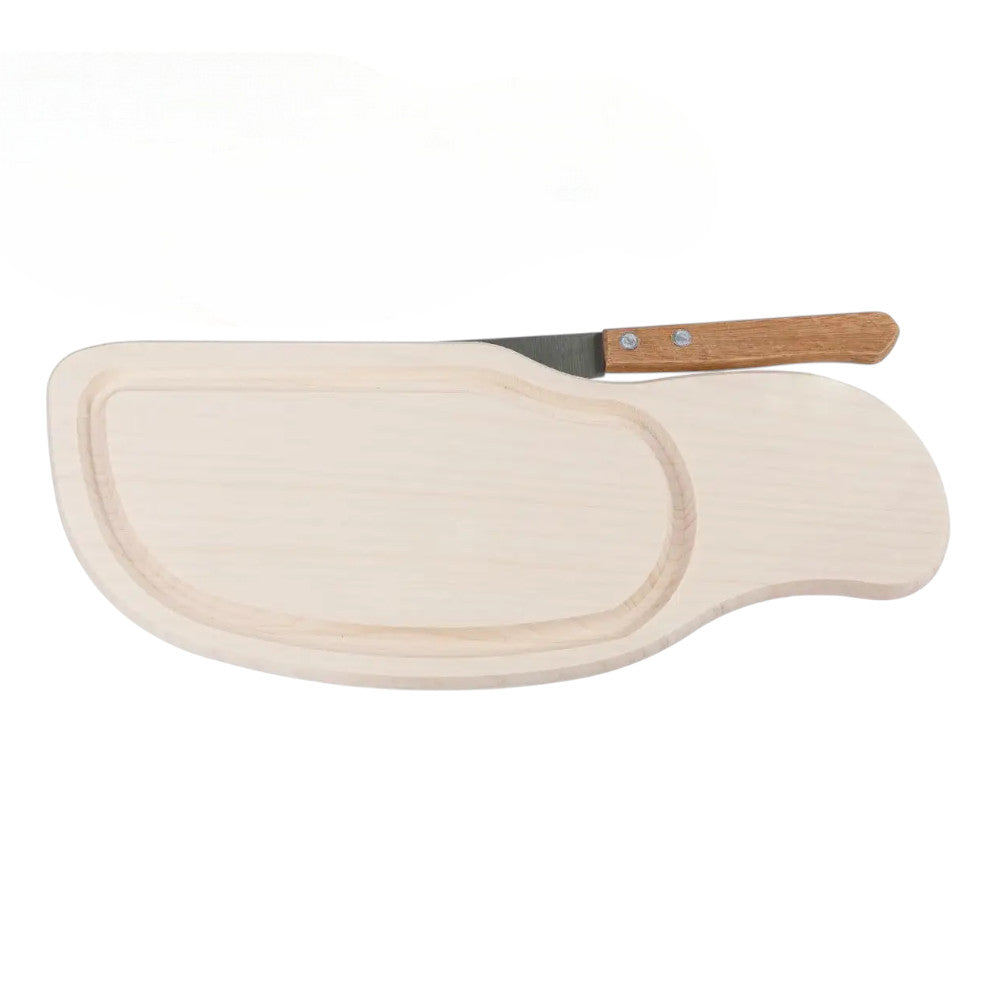 Messerbrett aus Holz mit grünem Messer