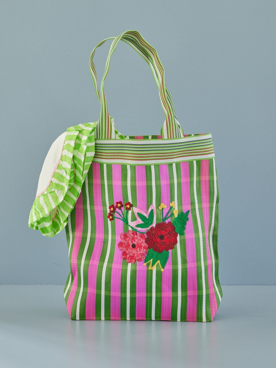 Recycelte Plastik-Einkaufstasche - Grün mit Rosa Streifen