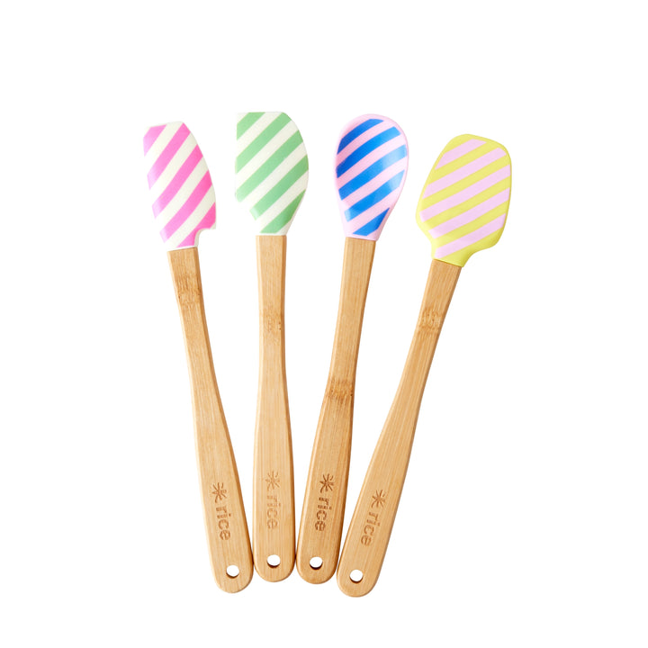 Silicone scraper with bamboo handle in different colors and printed stripes - set of 4