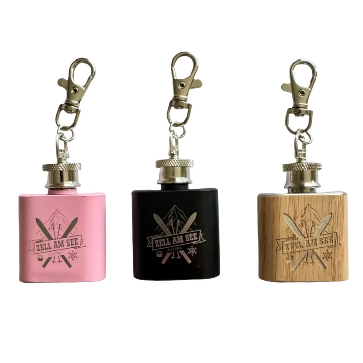 Edelstahl/Holz Schlüsselanhänger Flachmann klein 'Zell am See Ski'