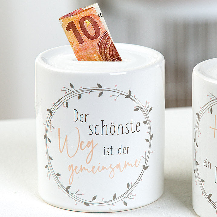 Spardose zylindrisch mit Blumenkranz „Der schönste Weg ist der Gemeinsame“
