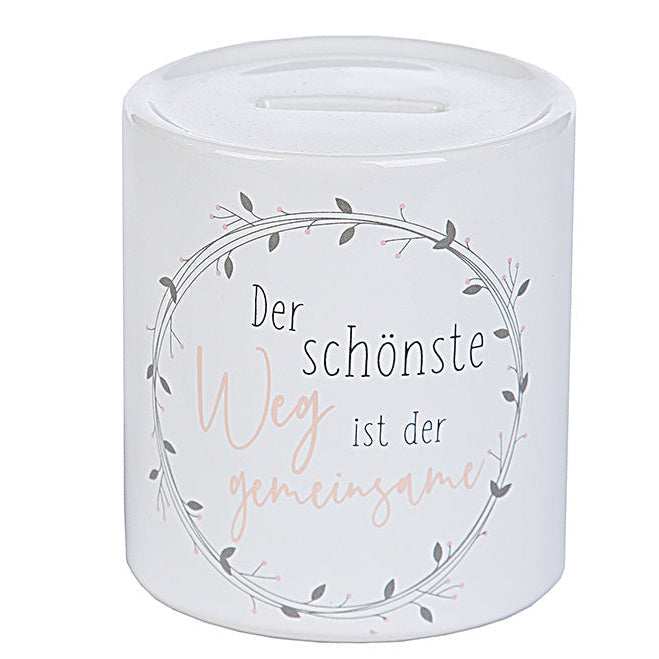 Spardose zylindrisch mit Blumenkranz „Der schönste Weg ist der Gemeinsame“
