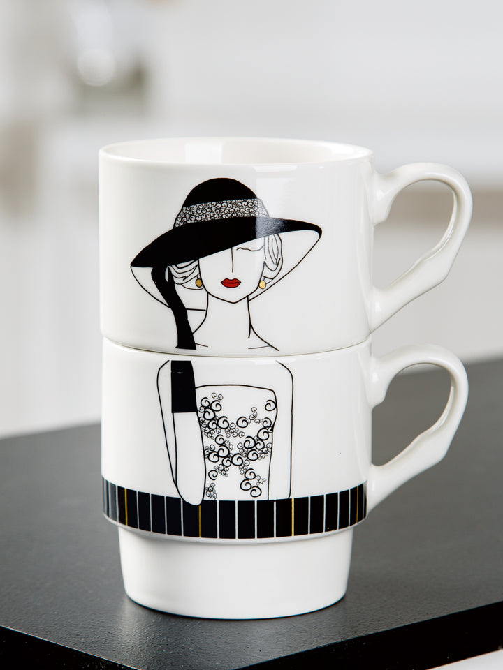2tlg. Set Stapeltassen Fraumotiv ‚Lady mit  Hut‘