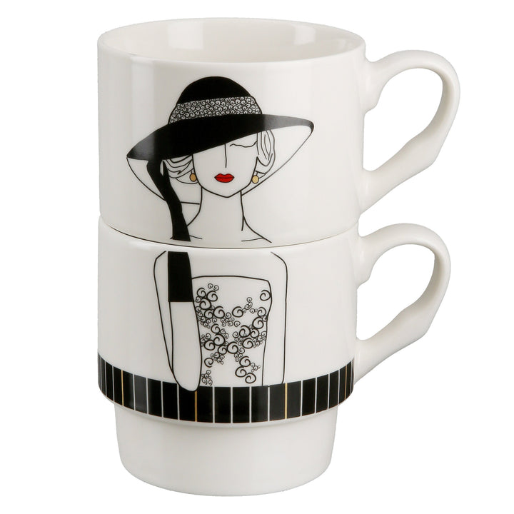 2tlg. Set Stapeltassen Fraumotiv ‚Lady mit  Hut‘