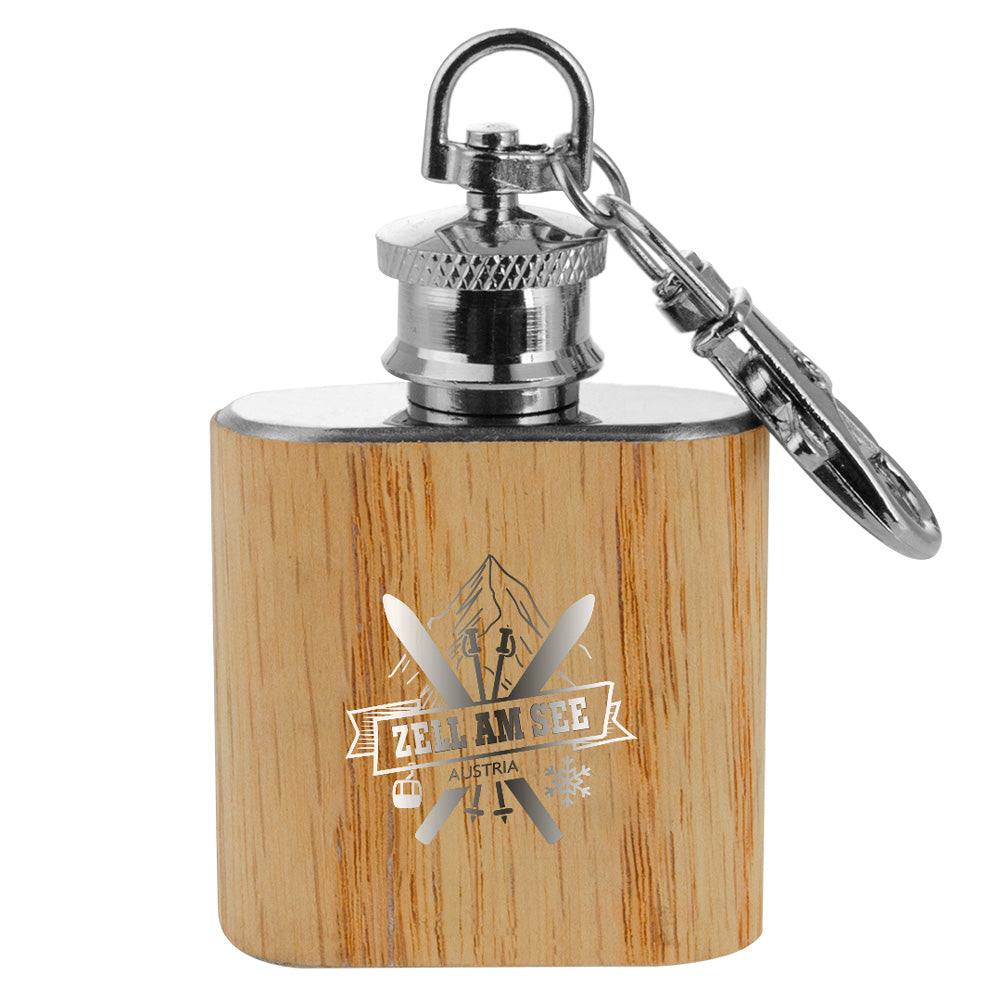 Edelstahl/Holz Schlüsselanhänger Flachmann klein 'Zell am See Ski'