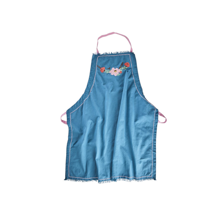 Enzymgewaschene Baumwoll-Schürze mit Blumenranken-Applikation – Blau