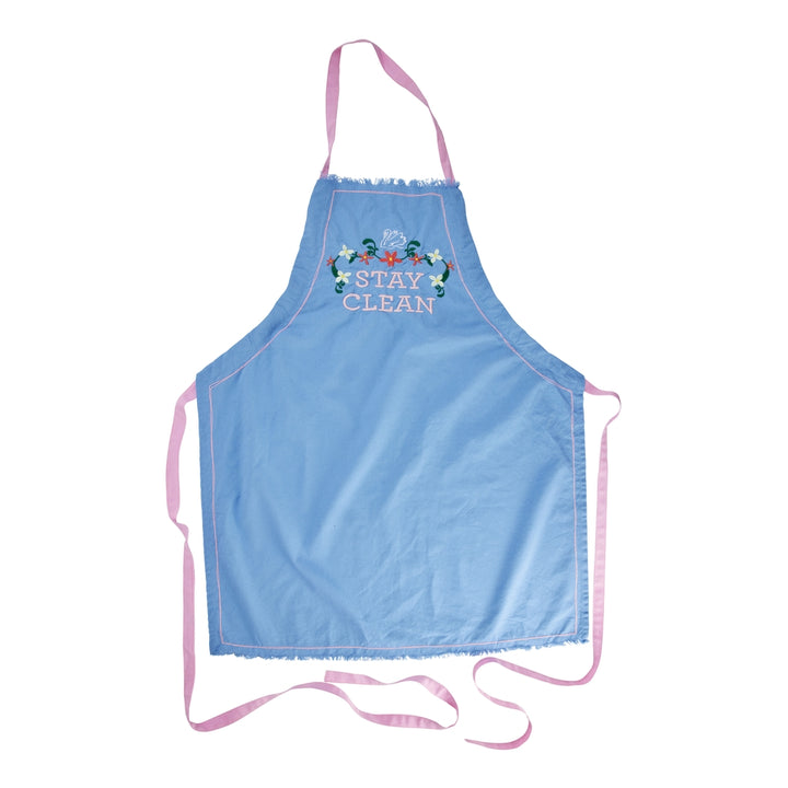 Enzymgewaschene Baumwoll-Schürze mit „Stay Clean“-Print – Blau