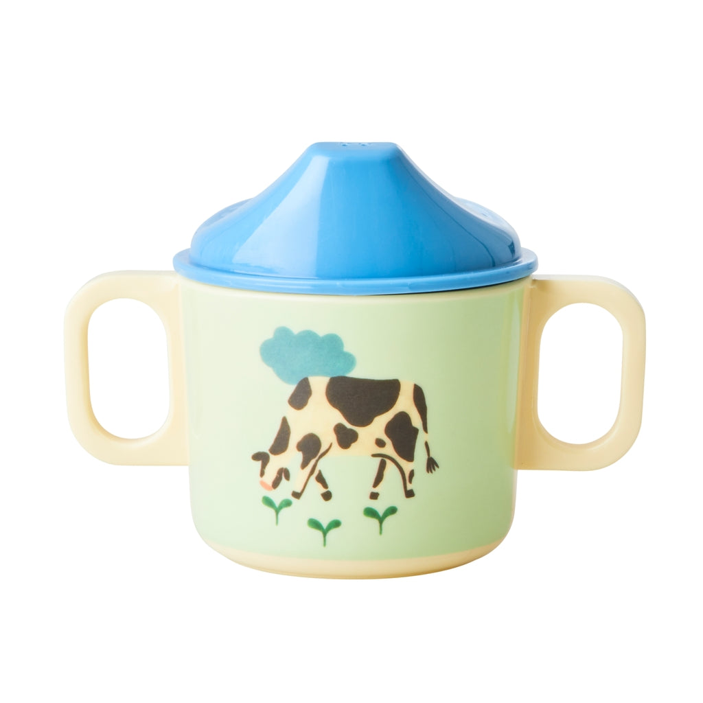 Melamin-Babybecher mit 2 Henkeln und blauem Bauernhof-Aufdruck