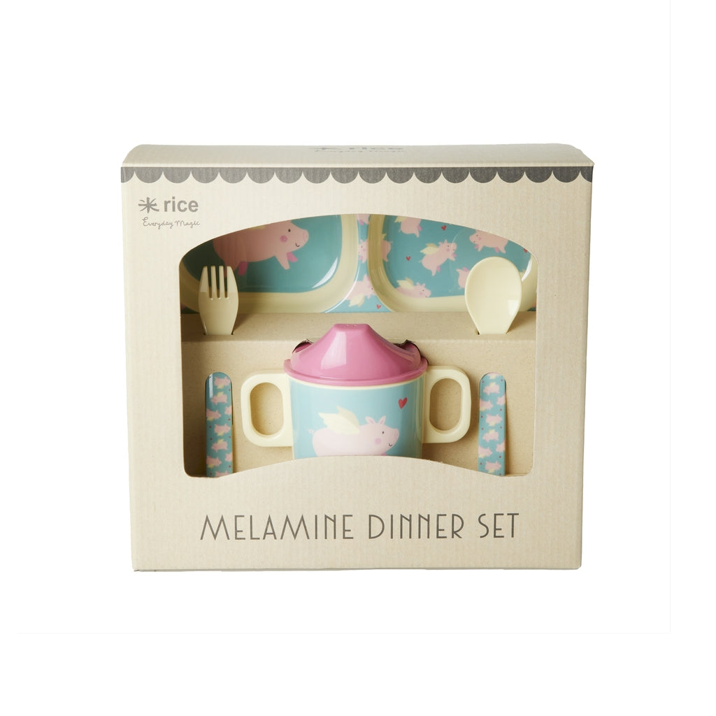 Melamin-Baby-Geschirrset in Geschenkbox - Fliegendes Schweinchen-Aufdruck - 4-tlg.