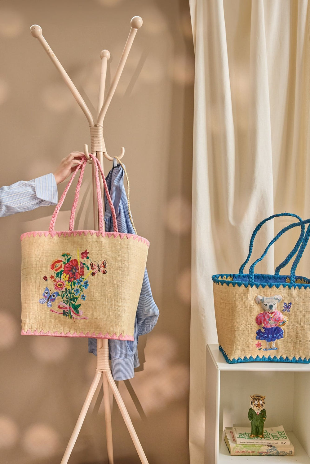 Raffia Tasche mit Nathalie Lété Design – Pink – groß