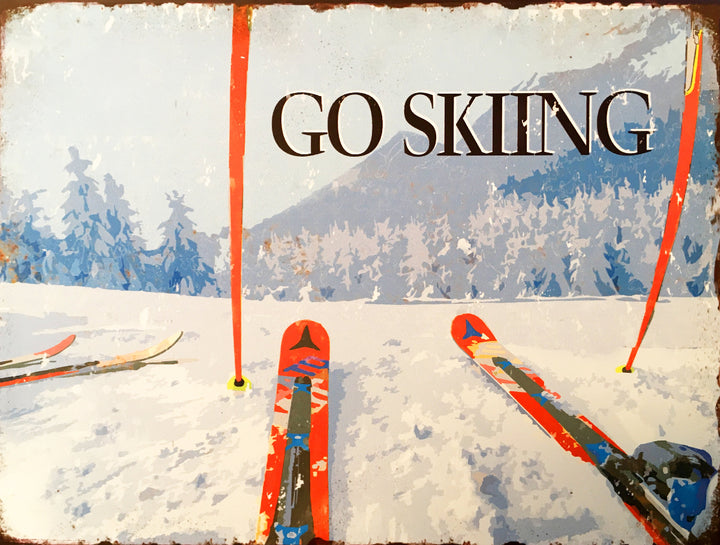 Metall Ski-Schild "Go skiing"