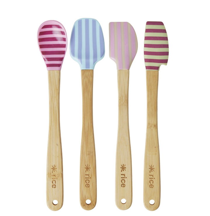 Silicone scraper with bamboo handle in different colors and printed stripes - set of 4
