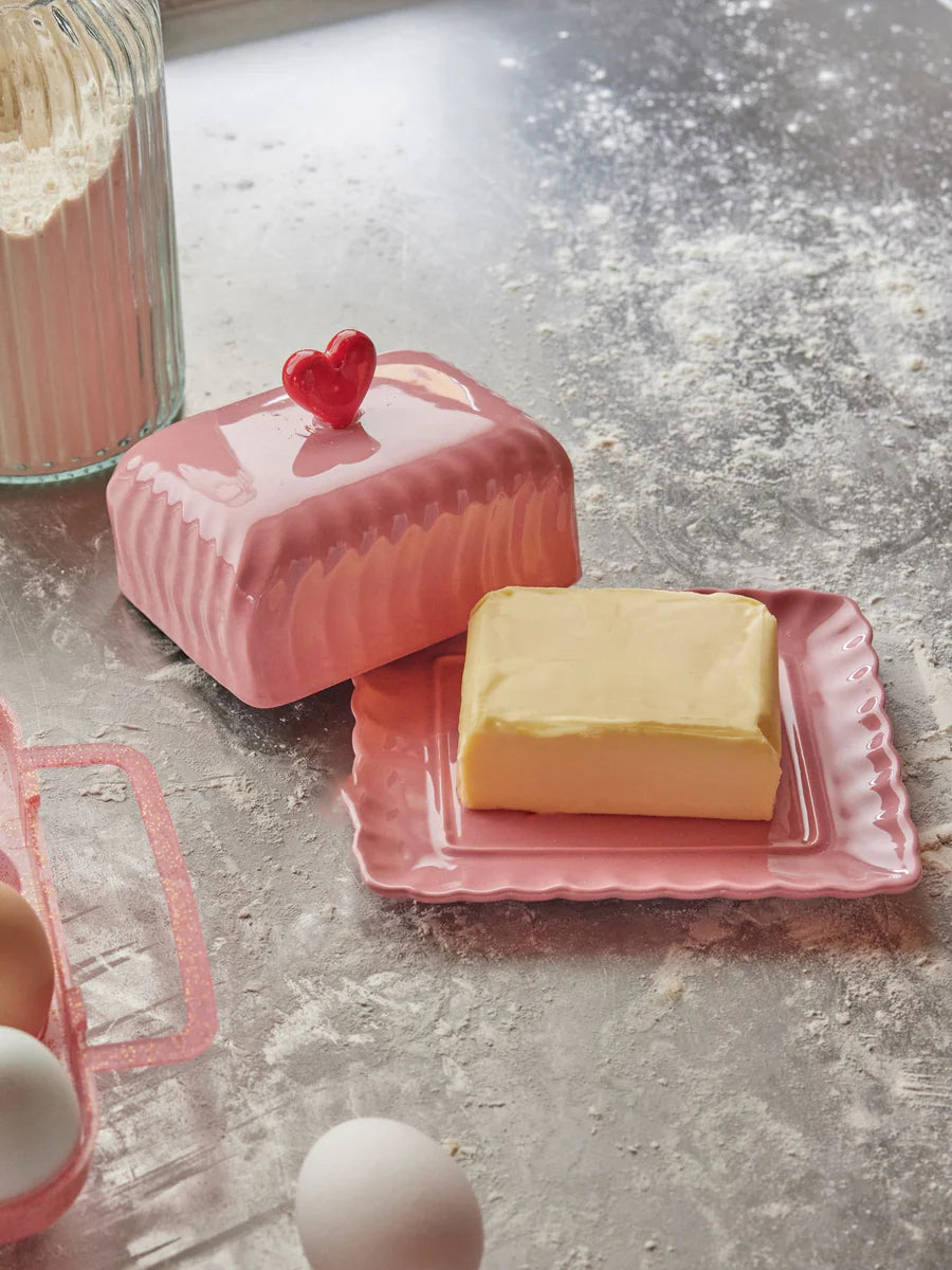 Keramik-Butterdose mit rotem Herz – Rosa