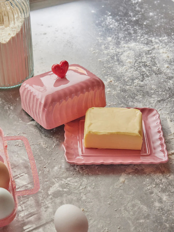 Keramik-Butterdose mit rotem Herz – Rosa