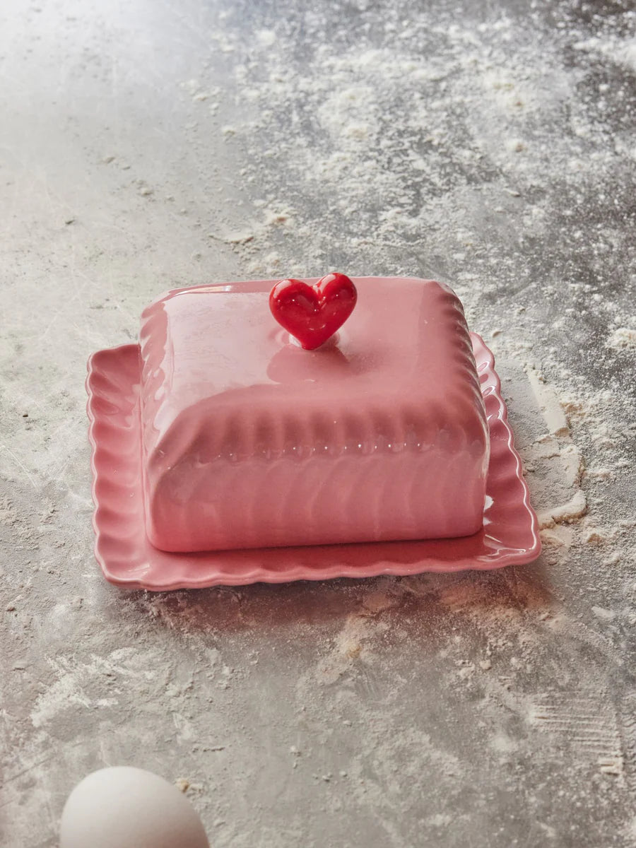 Keramik-Butterdose mit rotem Herz – Rosa