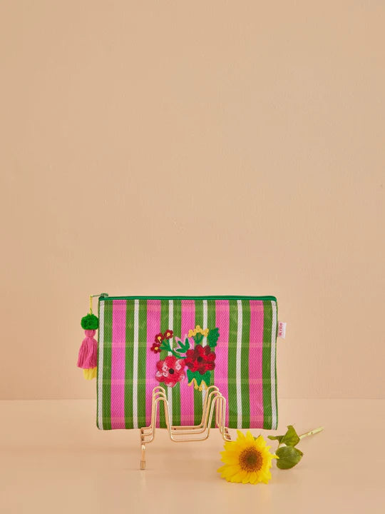 Recycled Plastic Pouch Bag - Green &amp; Pink Stripes