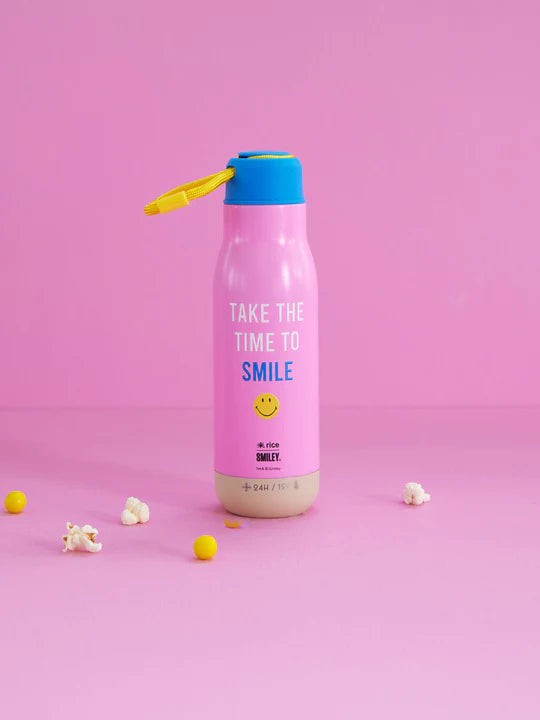 Edelstahl-Trinkflasche in Rosa mit Smiley-Aufdruck – 12 Stunden heiß/24 Stunden kalt – 500 ml