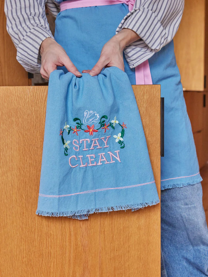 Enzymgewaschenes Baumwoll-Geschirrtuch mit „Stay Clean“-Print – Blau