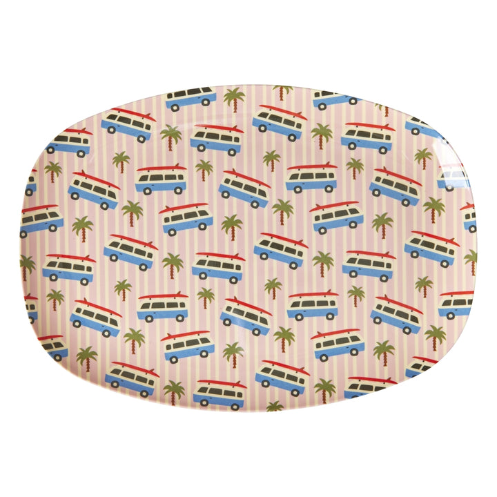 Rectangular melamine plate with “Pink Cars” print.