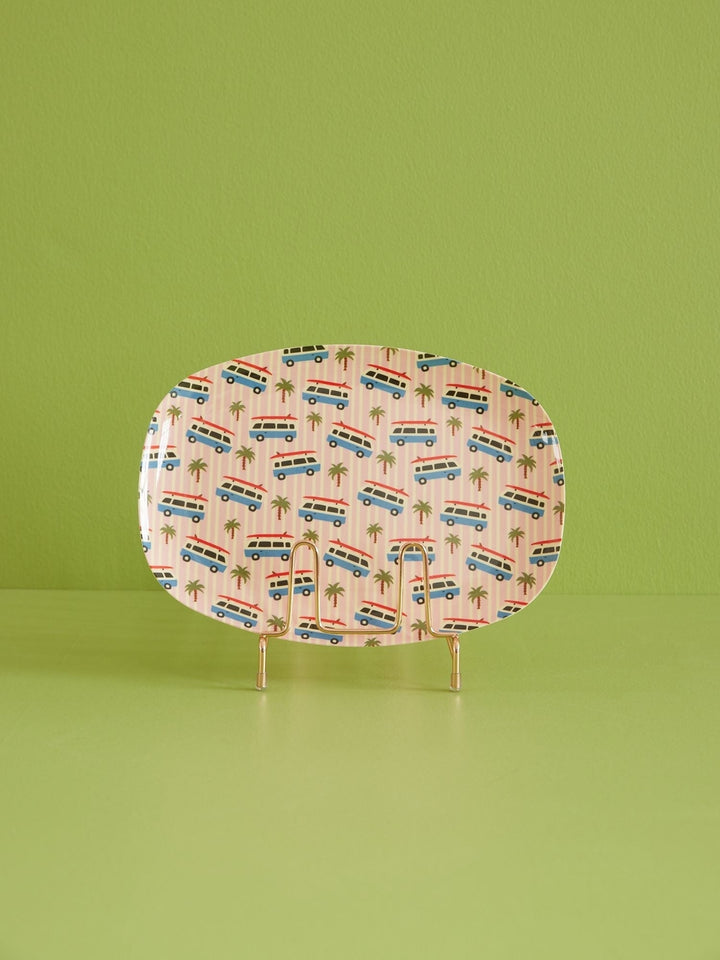 Rectangular melamine plate with “Pink Cars” print.