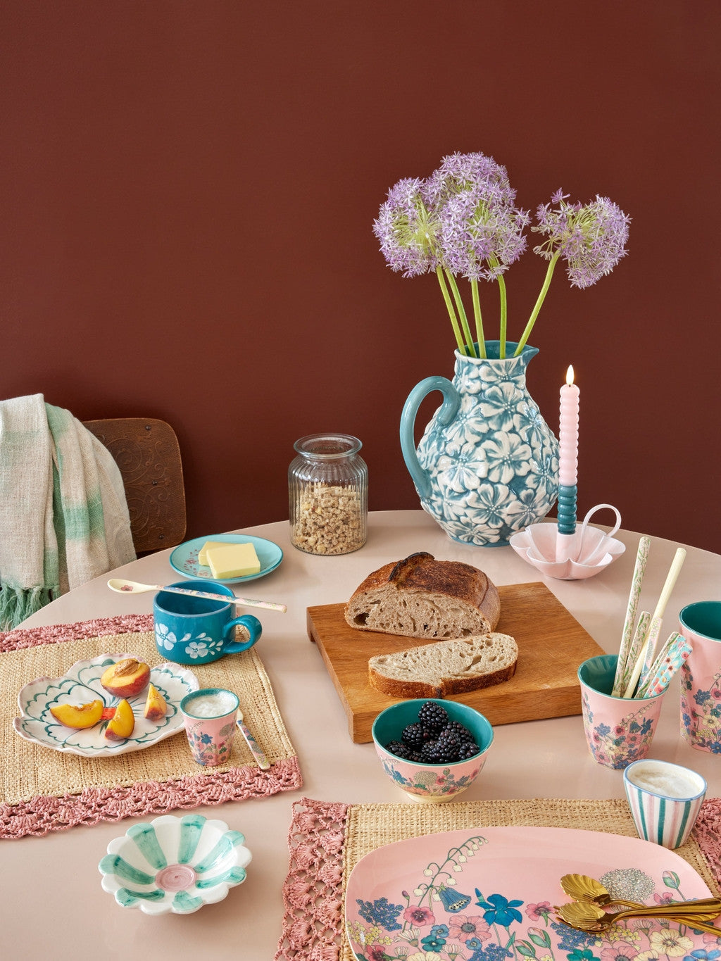 Melamin rechteckiger Teller mit Blumen-Collage-Druck – weich Rosa