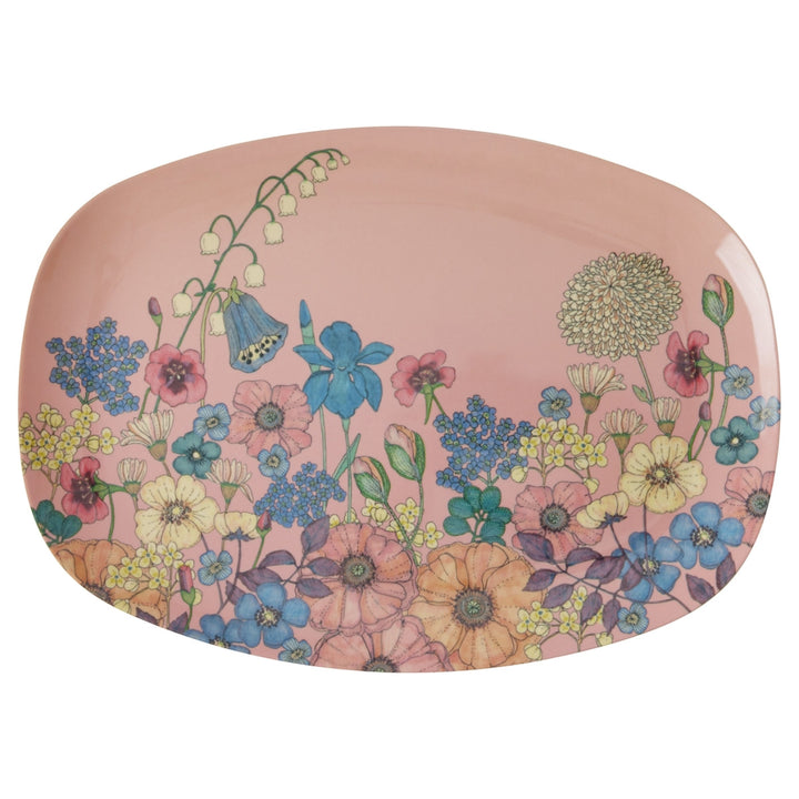 Melamin rechteckiger Teller mit Blumen-Collage-Druck – weich Rosa