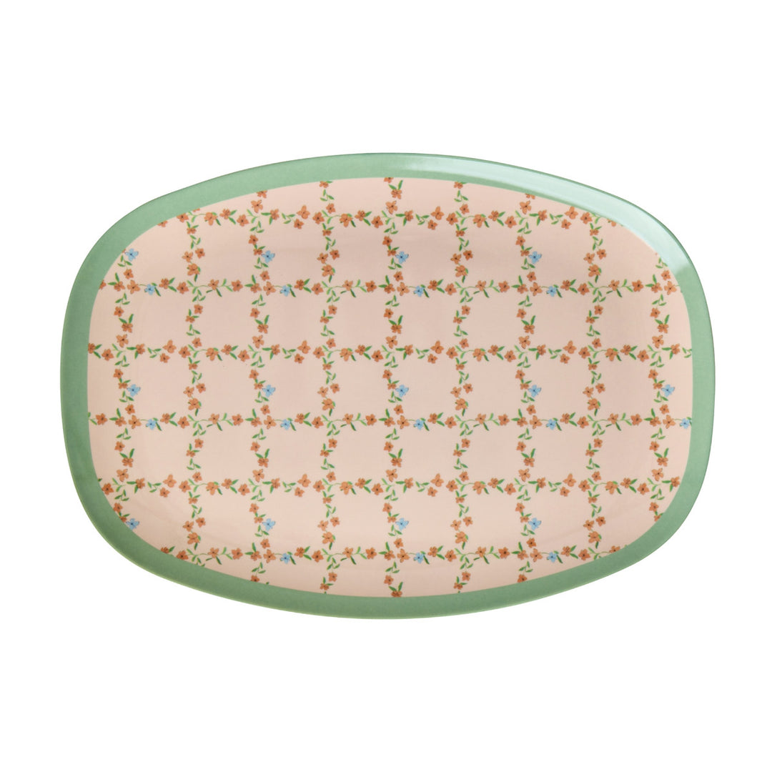 Rechteckiger Melaminteller mit kariertem Schablonendruck