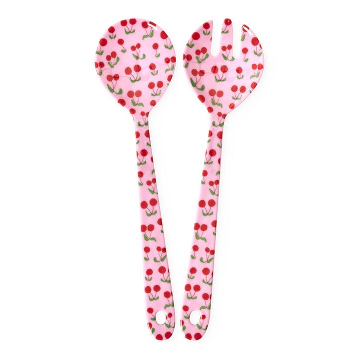 Salatlöffel und Gabel aus Melamin mit rosa Kirschen-Aufdruck