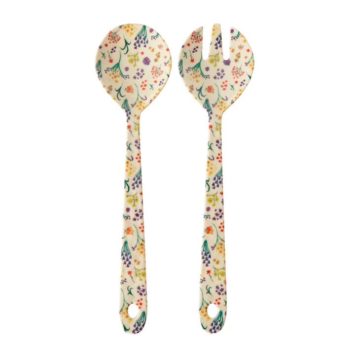 Salad spoon and fork made of melamine with wildflower print