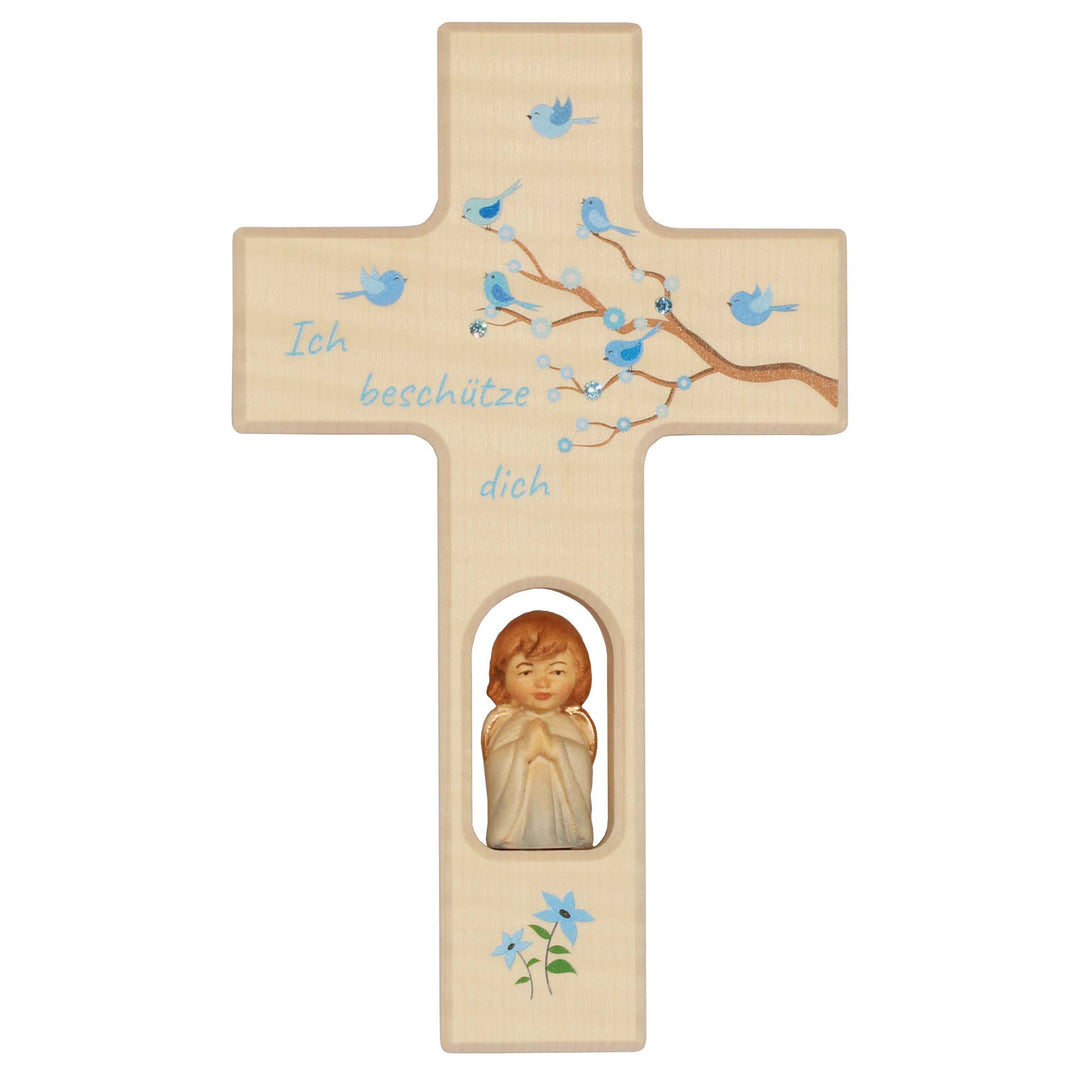 Kinderkreuz mit Holzengel und mit Strasssteinen besetzt blau