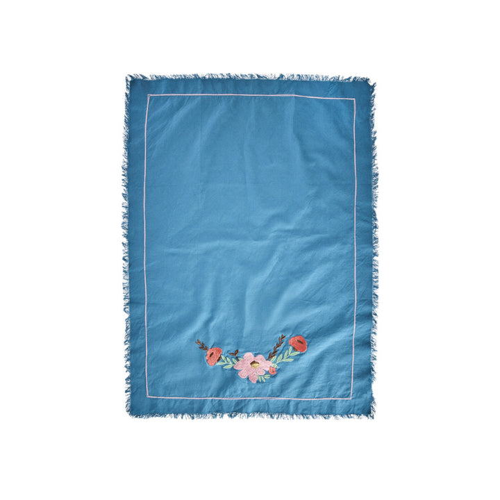 Enzymgewaschenes Baumwoll-Geschirrtuch mit Blumenranken-Applikation – Blau